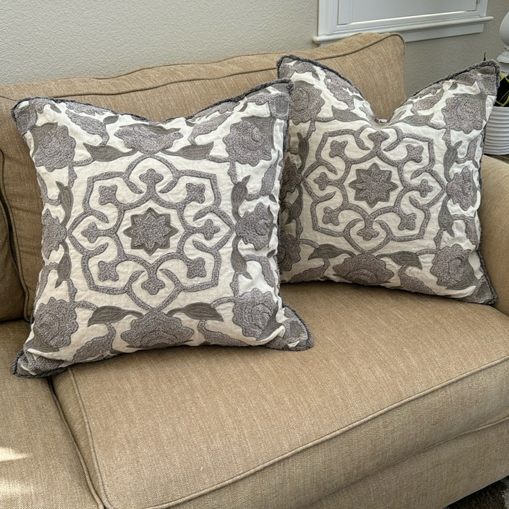 2 Pottery Barn 22”x22”. Linen gray and flax throw pillows (covers only)